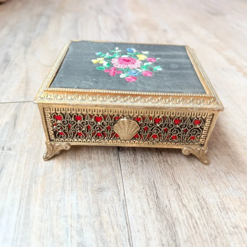 Vintage Jewelry Box Music Brass Floral Embroidered Sankyo Gold Tone Red Velvet